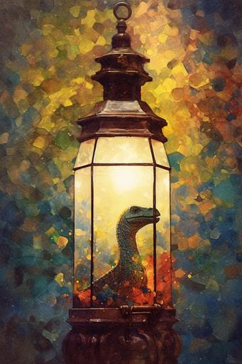 Vintage photograph, A dinosaur in a lantern, jewel tones, high contrast, oil painting, isolated, gustav klimt, white background. --ar 10:15 --v 5.1