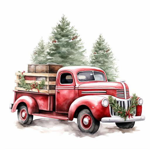 Vintage red Christmas Truck with light and tree white background