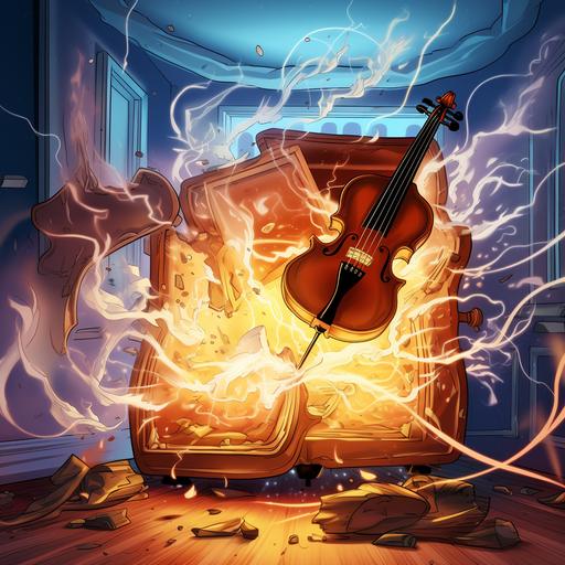 Violin exploding in a booth telephone 1980's cartoon real life big budget cinematic lightning