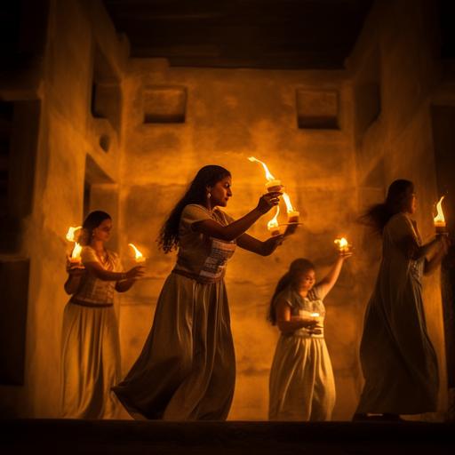 (Visual: An ethereal depiction of an ancient Egyptian ceremony, filled with dancing flames from oil lamps) 