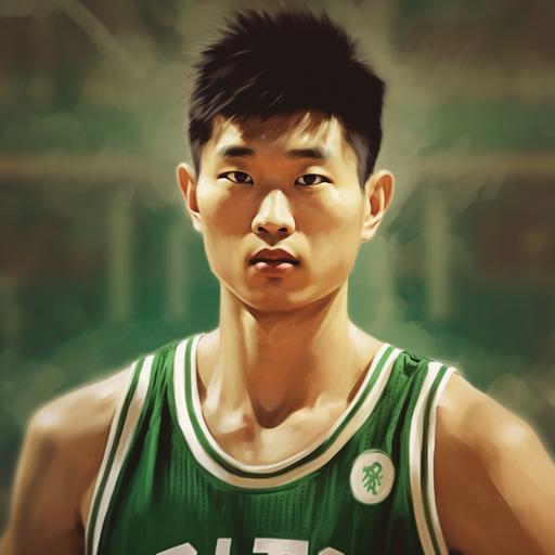 Visualize A Chinese basketball player with jersey number 27 name Joe Lin play for Boston Celtics. Short hair with skin fade. about 184cm tall and 90kg weight. dunking over Yao Ming and Shaq in the NBA as poster.