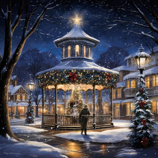 Visualize a charming, small town square at night during Christmas time, brimming with enchantment and festive spirit. The scene is set in the evening, with the sky a deep twilight blue, sprinkled with twinkling stars. At the center of the square is a quaint gazebo, elegantly adorned with shimmering white lights and garlands of holly and ivy. Inside the gazebo stands a magnificent Christmas tree, reaching towards the sky. The tree is bedecked with a variety of ornaments: sparkling crystals, golden stars, and delicate, hand-painted baubles. The lights on the tree cast a warm, golden glow, reflecting off the snow around it, making the entire gazebo radiate with a magical luminescence. In front of the gazebo, a group of carolers, dressed in Victorian-style winter garb — long coats, scarves, and top hats for the men; long skirts, shawls, and bonnets for the women — are gathered. They hold music sheets and sing with joy and enthusiasm, their breath visible in the crisp winter air. Their voices blend harmoniously, filling the square with classic Christmas carols. The crowd around them is diverse, with people of all ages. Children, bundled up in winter clothing, watch in awe, some with hot chocolate in their hands. Adults stand, smiling and humming along with the carols, their faces illuminated by the gentle light from the gazebo. The buildings surrounding the square add to the magical atmosphere. They are old-fashioned and picturesque, with storefronts decorated with wreaths, ribbons, and strings of lights. The windows display festive scenes, and the scent of cinnamon and roasted chestnuts wafts through the air. In the background, gentle snowflakes are falling, each one glistening like a tiny star against the night sky, adding a serene and peaceful quality to the entire scene.
