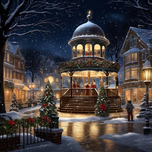 Visualize a charming, small town square at night during Christmas time, brimming with enchantment and festive spirit. The scene is set in the evening, with the sky a deep twilight blue, sprinkled with twinkling stars. At the center of the square is a quaint gazebo, elegantly adorned with shimmering white lights and garlands of holly and ivy. Inside the gazebo stands a magnificent Christmas tree, reaching towards the sky. The tree is bedecked with a variety of ornaments: sparkling crystals, golden stars, and delicate, hand-painted baubles. The lights on the tree cast a warm, golden glow, reflecting off the snow around it, making the entire gazebo radiate with a magical luminescence. In front of the gazebo, a group of carolers, dressed in Victorian-style winter garb — long coats, scarves, and top hats for the men; long skirts, shawls, and bonnets for the women — are gathered. They hold music sheets and sing with joy and enthusiasm, their breath visible in the crisp winter air. Their voices blend harmoniously, filling the square with classic Christmas carols. The crowd around them is diverse, with people of all ages. Children, bundled up in winter clothing, watch in awe, some with hot chocolate in their hands. Adults stand, smiling and humming along with the carols, their faces illuminated by the gentle light from the gazebo. The buildings surrounding the square add to the magical atmosphere. They are old-fashioned and picturesque, with storefronts decorated with wreaths, ribbons, and strings of lights. The windows display festive scenes, and the scent of cinnamon and roasted chestnuts wafts through the air. In the background, gentle snowflakes are falling, each one glistening like a tiny star against the night sky, adding a serene and peaceful quality to the entire scene.