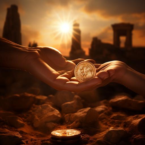 Visualize a journey through time, depicting the evolution of money. Start with a close-up of a hand holding a piece of raw gold, lit by the warm glow of a setting sun. The next scene shows the same hand, now older, holding a worn coin from an ancient civilization, under the soft light of a candle. The journey continues with the hand, even more aged, holding a bundle of paper money, under the harsh, neutral light of a mid-century lamp. Finally, we see a youthful hand holding a plastic card and a smartphone with a digital wallet app, under the cool, blue light of a modern LED screen. The entire sequence should be rendered in a hyper-realistic style, with a high-resolution 16k camera, emphasizing the textures and details of each item. The aspect ratio should be 16:9, with a raw style and a quality of 2, and a size of 750.