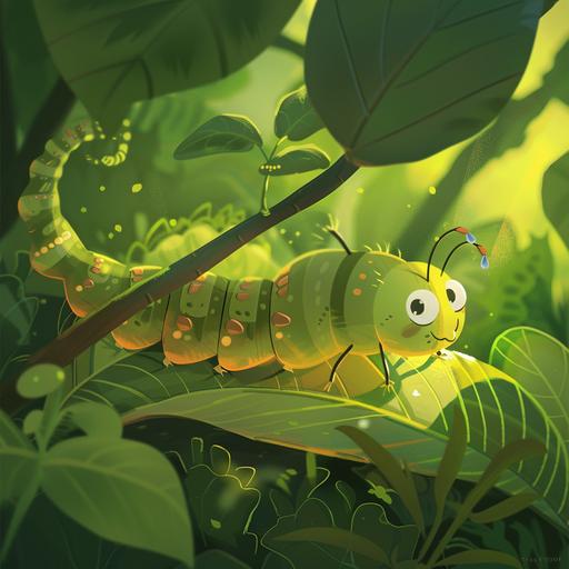 Visualize a lush green garden teeming with life, where a curious caterpillar begins its journey on a vibrant leaf. 2d cartoon style