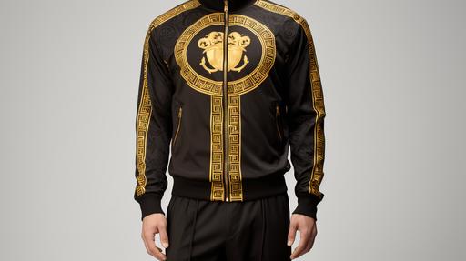 Visualize a luxurious tracksuit in black, adorned with a gold, baroque-inspired print reminiscent of Versace's extravagant style. The jacket of the tracksuit features a bold 