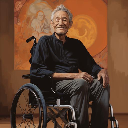 Visualize a powerful scene featuring an older, distinguished white man with silvered hair and a face etched with wisdom and resolve. He sits in a wheelchair, his posture exuding grace and strength, despite the amputation of one of his legs. This man's eyes tell a story of a life lived with purpose and courage. His smile is a beacon of indomitable spirit, radiating a warmth that transcends the challenges he faces. In his presence, one can feel the power of resilience and the triumph of the human spirit. The color palette for this image is dominated by soothing shades of blue, echoing the calmness of inner strength and the boundless possibilities that lie ahead. These hues frame the scene, creating a visually striking and emotionally resonant composition. This image encapsulates a moment of triumph over adversity, celebrating the strength that resides within us all. It is a testament to the unyielding spirit that defines this remarkable individual. The image captures the essence of the narrative, with meticulous attention to detail in portraying the expressions and body language of the man. The blue tones should dominate the composition, creating a visually striking and emotionally resonant piece that embodies courage and strength.