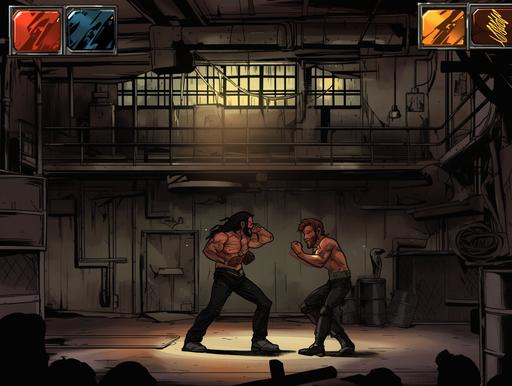 Visualize a scene from a classic 2D fighting video game, drawing inspiration from the brief but memorable 'Raw Underground' WWE segment. The setting is a dimly lit, underground fight club, hidden away in the bowels of a decrepit warehouse. The atmosphere is thick with anticipation and the raw energy of hand-to-hand combat. The edges of the scene are shadowy, focusing the player's attention on the center of the screen where two fighters are locked in combat. On the left side, a character modeled after Shane McMahon stands ready, his in-game sprite animated with subtle movements that capture his characteristic swagger and readiness to engage in this no-holds-barred contest. He's dressed in street fight gear, a departure from his usual corporate attire, emphasizing the underground fight club vibe. Facing him is a player-selected wrestler, their design reflecting the raw, unpolished essence of underground fighting. This could be a powerhouse like Braun Strowman, with exaggerated muscular details and aggressive stance, or a technical wrestler like AJ Styles, poised with a confident, calculating look. The background is a gritty, detailed recreation of the Raw Underground setting, with a ring that has no ropes and is surrounded by a crowd of onlookers. These NPC sprites are animated to react to the action, cheering, and jeering as the fight progresses. The ground is marked with signs of previous battles; scuff marks, discarded tape, and the occasional spilled drink add to the authenticity of the venue. Above the fighters, an old-school health bar and timer tick down, adding a sense of urgency to the battle. The game's UI mimics the aesthetic of classic arcade games, with pixelated fonts and simplistic designs that evoke nostalgia. The action captures a critical moment: [...]