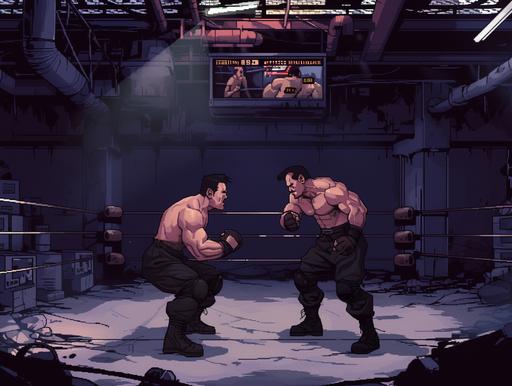 Visualize a scene from a classic 2D fighting video game, drawing inspiration from the brief but memorable 'Raw Underground' WWE segment. The setting is a dimly lit, underground fight club, hidden away in the bowels of a decrepit warehouse. The atmosphere is thick with anticipation and the raw energy of hand-to-hand combat. The edges of the scene are shadowy, focusing the player's attention on the center of the screen where two fighters are locked in combat. On the left side, a character modeled after Shane McMahon stands ready, his in-game sprite animated with subtle movements that capture his characteristic swagger and readiness to engage in this no-holds-barred contest. He's dressed in street fight gear, a departure from his usual corporate attire, emphasizing the underground fight club vibe. Facing him is a player-selected wrestler, their design reflecting the raw, unpolished essence of underground fighting. This could be a powerhouse like Braun Strowman, with exaggerated muscular details and aggressive stance, or a technical wrestler like AJ Styles, poised with a confident, calculating look. The background is a gritty, detailed recreation of the Raw Underground setting, with a ring that has no ropes and is surrounded by a crowd of onlookers. These NPC sprites are animated to react to the action, cheering, and jeering as the fight progresses. The ground is marked with signs of previous battles; scuff marks, discarded tape, and the occasional spilled drink add to the authenticity of the venue. Above the fighters, an old-school health bar and timer tick down, adding a sense of urgency to the battle. The game's UI mimics the aesthetic of classic arcade games, with pixelated fonts and simplistic designs that evoke nostalgia. The action captures a critical moment: [...]