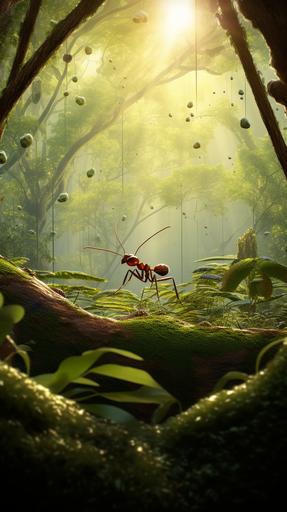 Visualize a scene of a serene forest where an ant is facing the viewer --ar 9:16