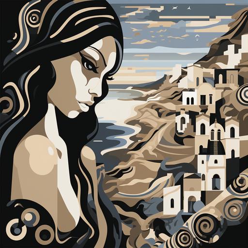 Visualize a seamless pattern vector poster that transforms a Greek Santorini statue into a masterpiece of surrealism and mystique. Using the color palette of vibrant beige, enigmatic taupe, and lush cream, create a design that brings out the statue's surreal qualities. The shedding of black tears and the gentle halo should add depth and intrigue to the composition. Against a transparent background, this artwork should exude an introspective and ethereal mood, capturing the emotional essence within the sculpture. Craft a poster that not only mesmerizes viewers but also transports them to an otherworldly realm of artistry.