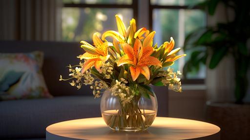 Visualize a spiral-shaped floral arrangement placed in a clear glass vase. The arrangement is composed of orange lilies, yellow daisies, and green ferns. The light comes from a nearby table lamp, creating a warm, cozy lighting effect. The style of the image is hyperrealistic, with a high level of detail and a 16K resolution. --ar 16:9 --v 5.1 --style raw --q 2 --s 750