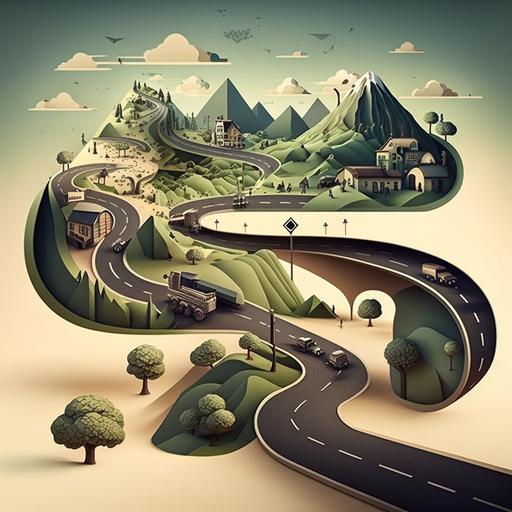Visualize a stylized career path, a winding road crossing through different landscapes representing different jobs like military, government, industry, technology, professional services.:: --v 4