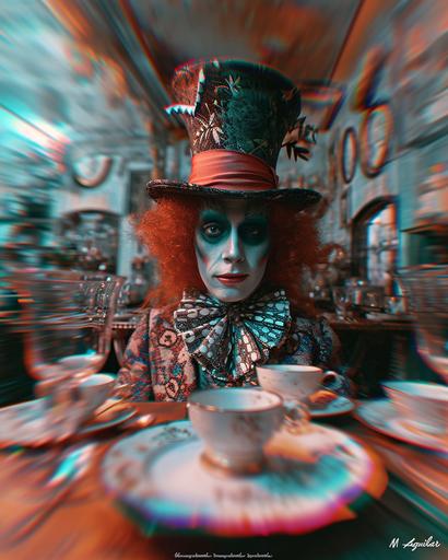 Visualize an encounter from Alice's Adventures in Wonderland by Lewis Carroll, using the photonegative refractograph to create a dream-like quality akin to a Dali painting. Focus on the Mad Hatter's tea party, with a fish-eye lens effect to warp the perspective and saturated colors that make the peculiar characters pop against a surrealist backdrop. Play with high contrast lighting to cast sharp, playful shadows, and frame the scene with an eye for the golden ratio to guide the surreal narrative, signed by 