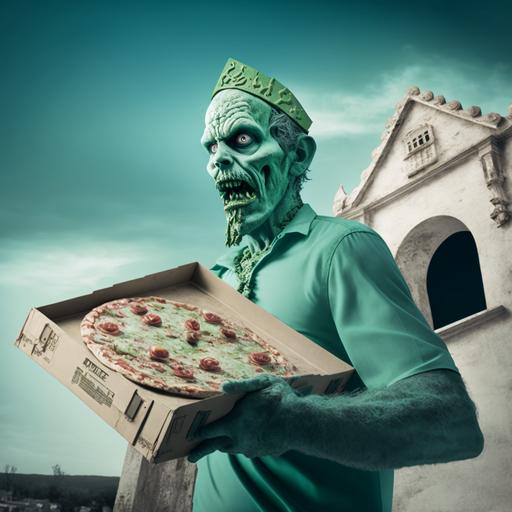 Green-skinned zombie pizza delivery man without flaw holding a pizza box in his hands in a pizza delivery costume half of the body at the bottom of a hill on which an old house stands, photography, cinematic, volumetric lighting, octane render, arnold render, 3D, Super detailed, Megapixel Cinematic Lighting, Anti-Aliasing, FKAA, TXAA, RTX, RTX 4090, SSAO, Post-Producting, Tone Mapping, CGI, VFX, SFX, Full color, HDR, Realistic, 8k --v 4 --q 2