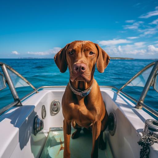 Vizsla on a boat in the middle of the ocean fishing for blue marlin