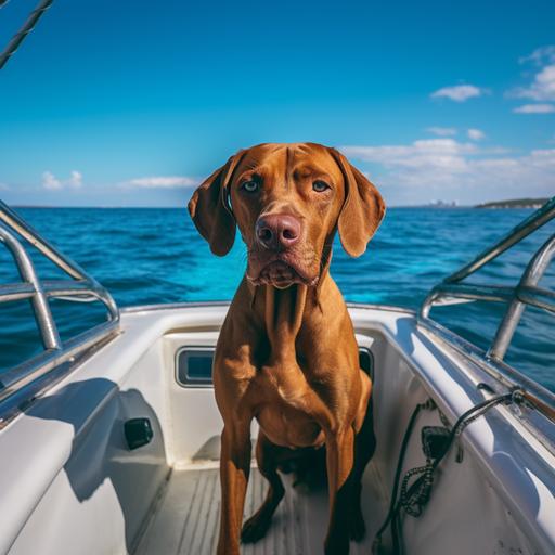 Vizsla on a boat in the middle of the ocean fishing for blue marlin