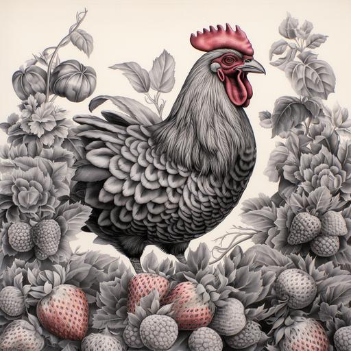 a vintage etching or woodcut of a bantam rooster surrounded by lush strawberry vines and a profusion of ripe luscious strawberries, highly detailed, black drawing on white background