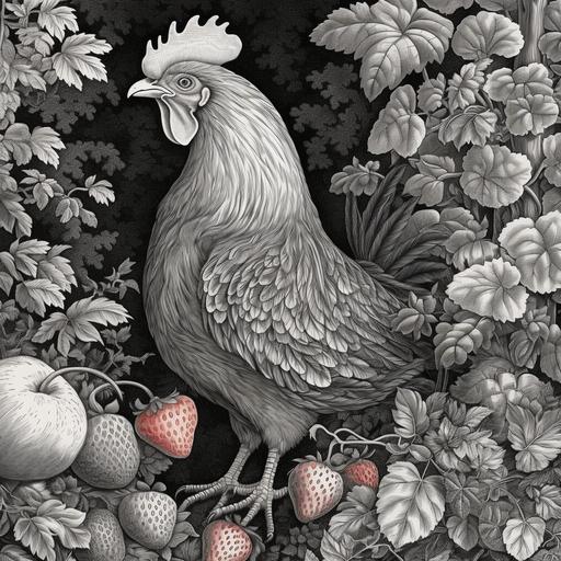 a vintage etching or woodcut of a bantam rooster surrounded by lush strawberry vines and a profusion of ripe luscious strawberries, highly detailed, black drawing on white background