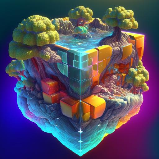 Voxel Cosmic Platonic Island. 3D modeling by Unreal Engine 5.1 with 3D texturing by Bob Ross. --stylize 1000