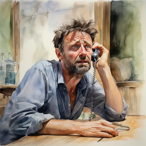 a 45-year-old German man hearing on the phone that his friends are happily chatting on the other side in water color