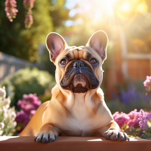 Capture the essence of a serene morning scene with a hyper-realistic 8K fawn French Bulldog male sitting peacefully in a sunlit garden. The dog should be surrounded by vibrant flowers and lush greenery, creating a picturesque backdrop. Use a high-resolution camera, such as a Sony α7R IV, to bring out every intricate detail of the dog's fur and features. Apply soft, natural lighting to emphasize the dog's adorable expression and bring the image to life. Ensure that the final result showcases the hyper-realistic qualities of the French Bulldog in stunning 8K resolution. Let the image evoke a sense of tranquility and warmth.