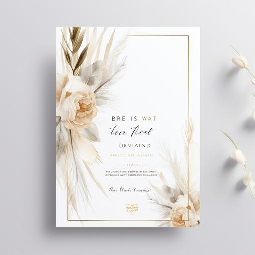 WATERCOLOR BOHO WEDDING FLOWER invitation set, WATERCOLOR PAPER TEXTURE FLORAL, WHITE ROSES, PAMPAS GRASS, WHITE BACKGROUND