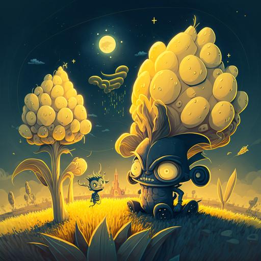 Big alien yellow corn, dark blue landscape with starry night and meteor shower by hokusai, cartoon character by Brian Kesinger and Craola, Dieselpunk style, environment concept art from Cuphead, procedural art, black marker lines, insane details, cinematic lighting, 3D studio Max, UHD, virtual engine, Depth of Field, White Balance, Backlight, glowing, shadows, Tone Mapping, --q 2 --s 750