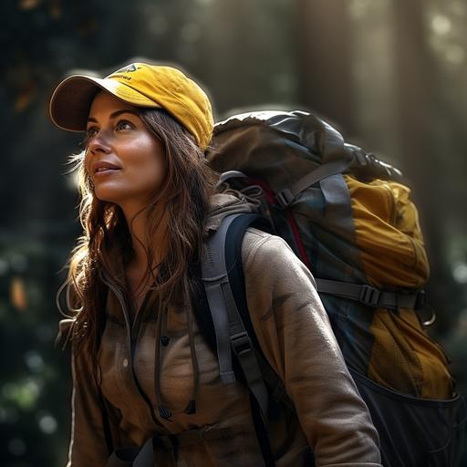 WOMAN, robust, 35 YEARS OLD, BUILDER, broad back, rounded face, black, FULL BODY IMAGE hiking in the woods with her backpack 8K image, apply contrast, realism, mega ultra full HD, photorealistic camera, cute, 8k, photorealistic, perfect cinematic light, volumetric, chiaroscuro, award-winning photography, Realistic cinema photography, cinema, bokeh, professional and highly detailed.