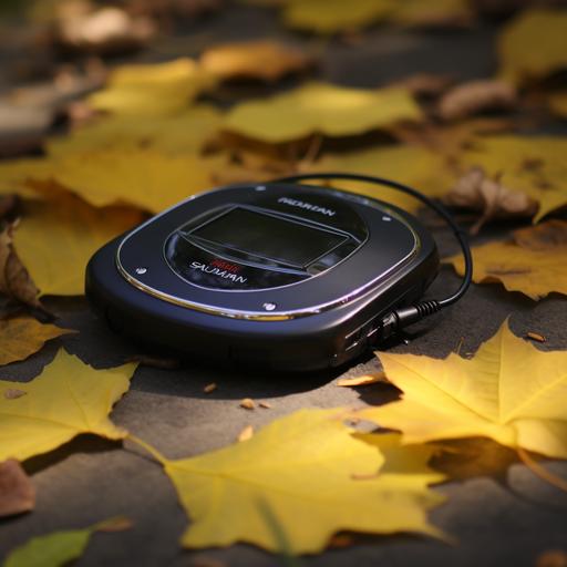 Walkman portable cd player on leaves