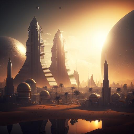 Wallpaper - Egyptian like futuristic city with sunset background