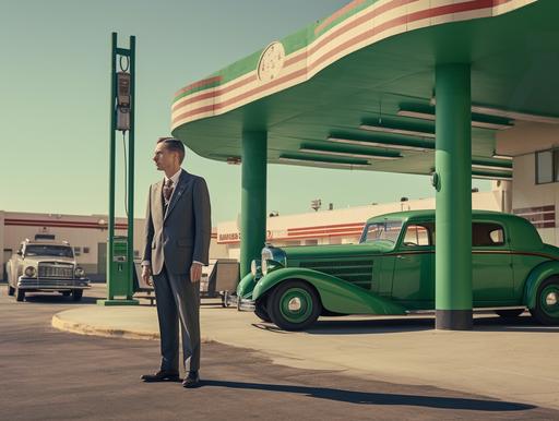 1930s business man outside of a giant green modern futuristic gas station Canon extreme long shot, f/4, 14mm lens --ar 4:3 --chaos 0