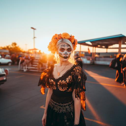 a blond woman with her face dramatically painted with dia de la muertos makeup, wearing a floral headband. She wears a full length black skirt, mexican shirt, with an orange sunset behind her on Halloween