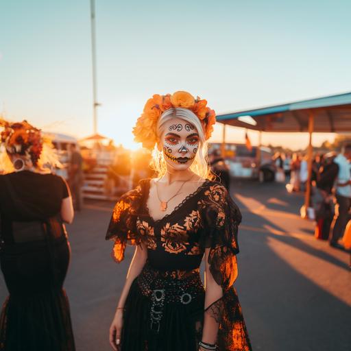 a blond woman with her face dramatically painted with dia de la muertos makeup, wearing a floral headband. She wears a full length black skirt, mexican shirt, with an orange sunset behind her on Halloween