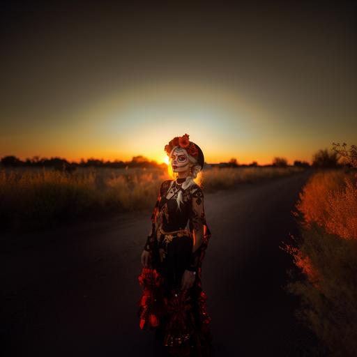 a blond woman with her face painted with dia de la muertos makeup, wearing a floral headband. She wears a full length black skirt, mexican shirt, with an orange sunset behind her on Halloween