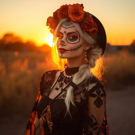 a blond woman with her face painted with dia de la muertos makeup, wearing a floral headband. She wears a full length black skirt, mexican shirt, with an orange sunset behind her on Halloween