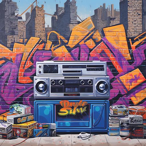 brick wall with graffiti art, featuring Chicago skyline in background, with hip hop and rap imagery, 1980s boombox, sports imagery, trophies, money, multicolored with navy blue and lavender featured