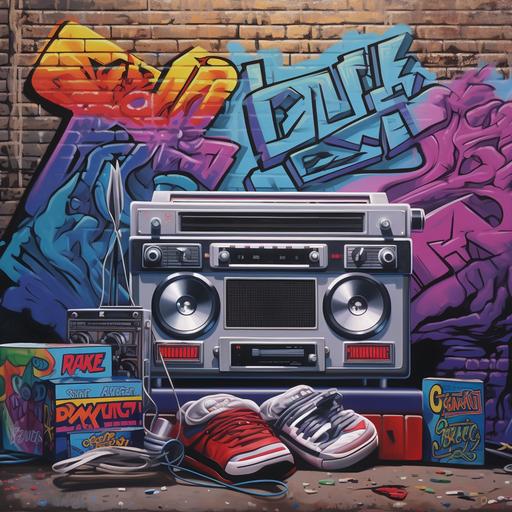 brick wall with graffiti art, featuring Chicago skyline in background, with hip hop and rap imagery, 1980s boombox, sports imagery, trophies, money, multicolored with navy blue and lavender featured
