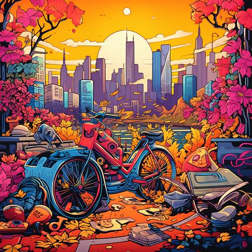 brightly colored graphics of flowers and fall foliage, in a graffiti style, with big gold chains, 1990s style DJ spinning records, vintage banana seat bike, and the Chicago skyline