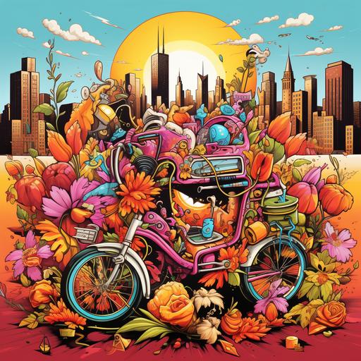 brightly colored graphics of flowers and fall foliage, in a graffiti style, with big gold chains, 1990s style DJ spinning records, vintage banana seat bike, and the Chicago skyline