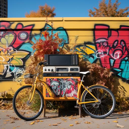 brightly colored graphics of flowers and fall foliage, in a graffiti style, with gold chains, 1990s boom box, vintage banana seat bike, and the Chicago skyline
