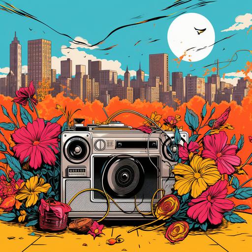 brightly colored graphics of flowers and fall foliage, in a graffiti style, with gold chains, 1990s boom box, vintage banana seat bike, and the Chicago skyline