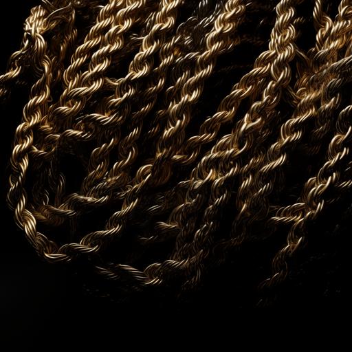 detail of a pile of thick, shiny, gold rope chains floating against a black backdrop