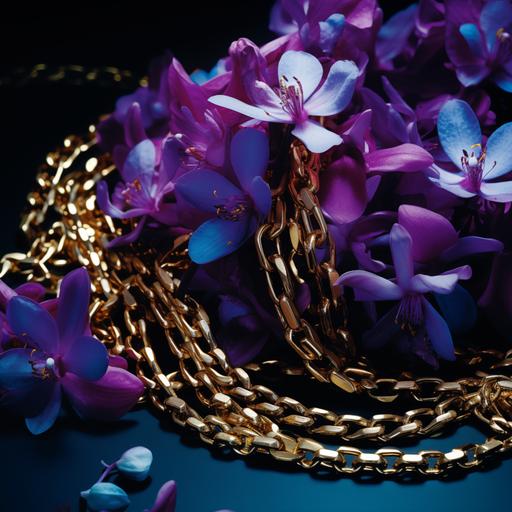 photorealistic detail of a pile of thick, expensive, shiny, gold chains, with purple blossoms floating in a deep blue background