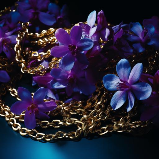 photorealistic detail of a pile of thick, expensive, shiny, gold chains, with purple blossoms floating in a deep blue background