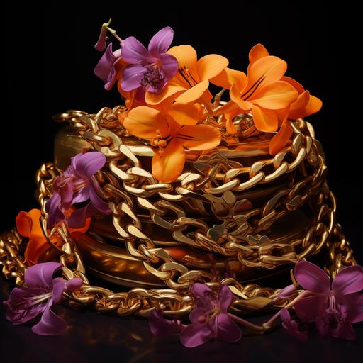 photorealistic detail of a pile of thick, expensive, shiny, gold chains, with orange blossoms floating in a deep purple background