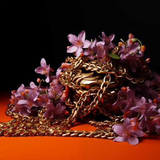 photorealistic detail of a pile of thick, expensive, shiny, gold chains, with orange blossoms floating in a deep purple background
