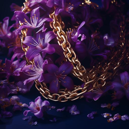 photorealistic image showing a detail of a pile of thick, shiny, gold chains, with purple blossoms floating in a deep blue background