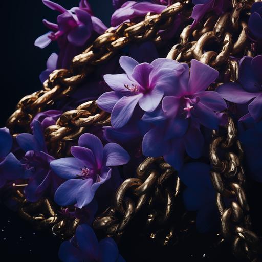 photorealistic image showing a detail of a pile of thick, shiny, gold chains, with purple blossoms floating in a deep blue background