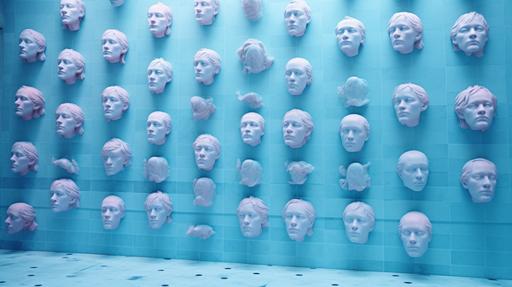 Museum installation faces on a wall made out of cotton candy shades of blue Canon 35mm lense, f/ 6, long shot --ar 16:9